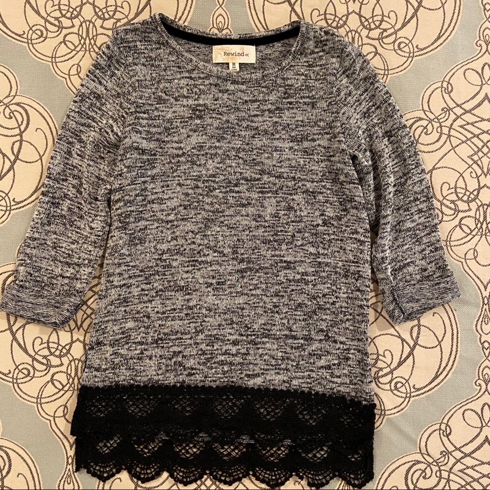 Rewind Girls M 3/4 Sleeve Sweater, Black Lace Trim